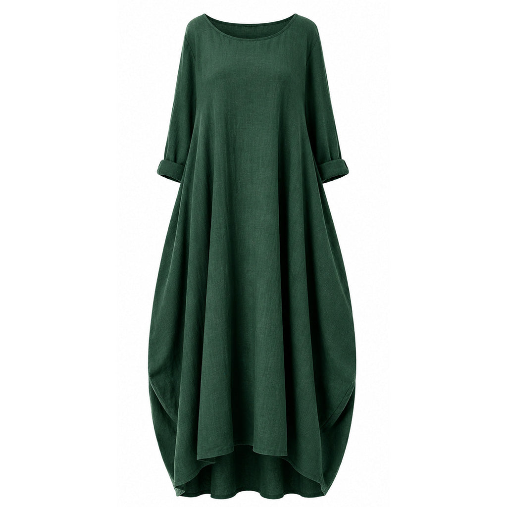Green round-neck maxi dress with 3/4 sleeves and loose draped silhouette