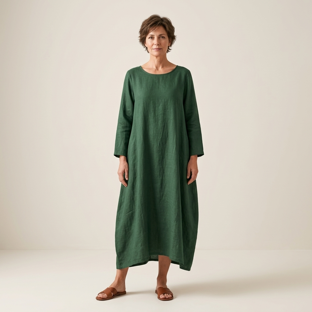 Green cotton-linen maxi dress, loose fit, round neck, 3/4 sleeves