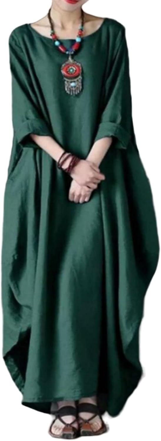 Women's green maxi dress with round neck, loose drape, 3/4 sleeves
