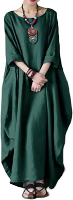 Women's green maxi dress with round neck, loose drape, 3/4 sleeves