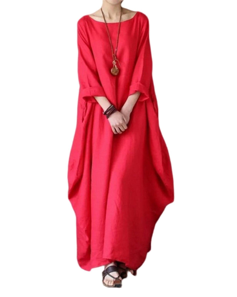 Women's red maxi dress with round neck, loose drape, 3/4 sleeves