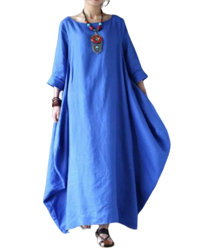 Women's blue maxi dress with round neck, loose drape, 3/4 sleeves
