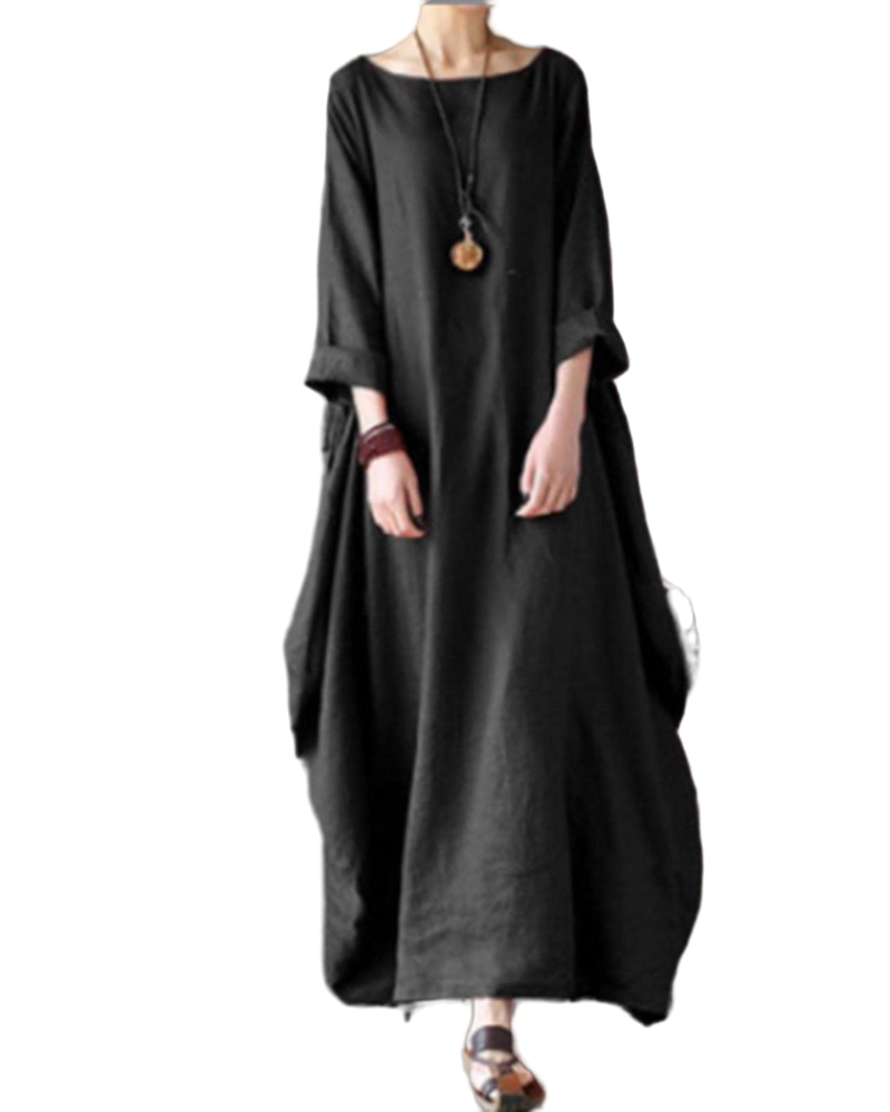 Women's black maxi dress with round neck, loose drape, 3/4 sleeves