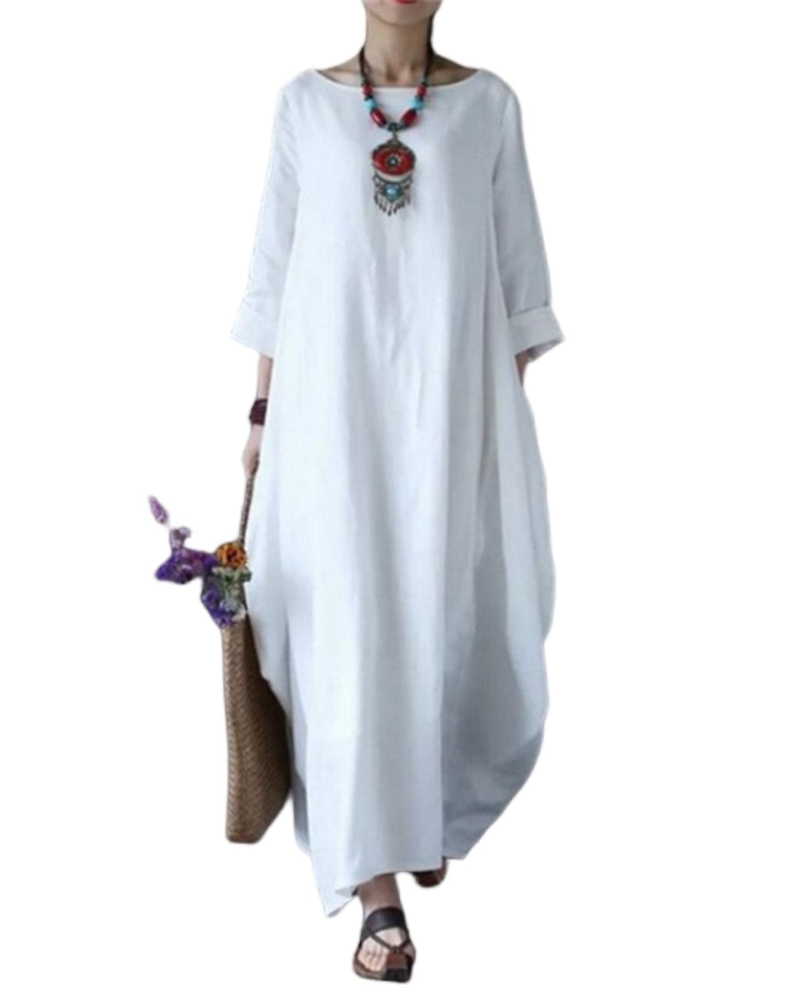 Women's white maxi dress with round neck, loose drape, 3/4 sleeves