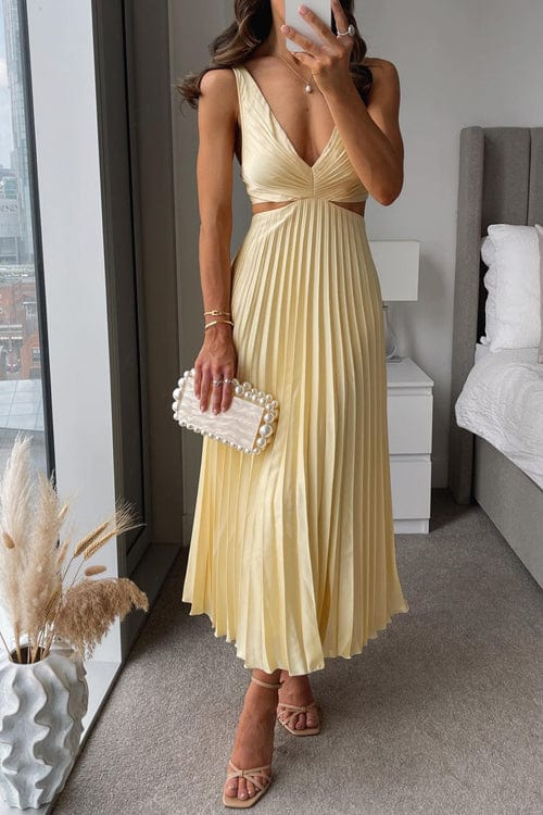 Yellow pleated satin midi dress with V-neck, sleeveless fit-and-flare silhouette