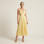 Yellow pleated satin midi dress with V-neck and draped bodice, sleeveless