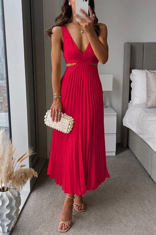 Red pleated satin midi dress with V-neck and fitted waist, sleeveless