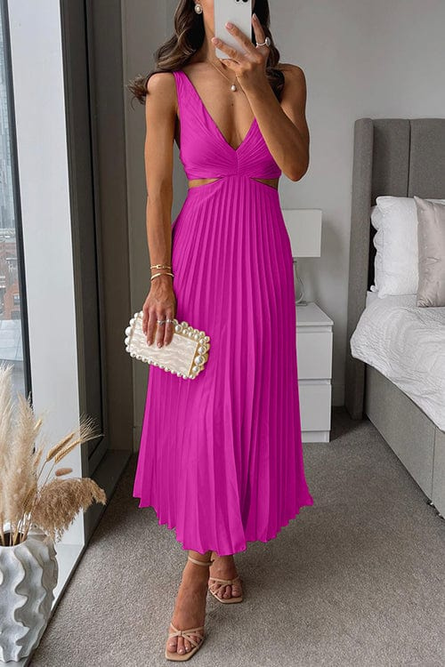 Pink pleated satin midi dress with V-neck and fitted waist, sleeveless