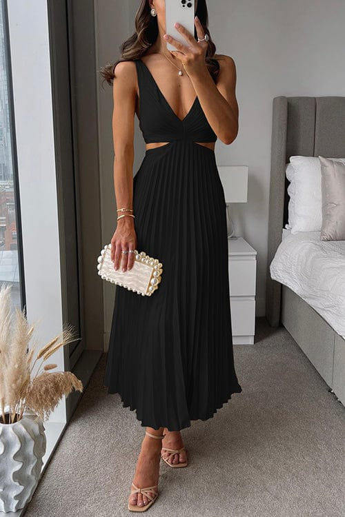 Black pleated satin midi dress with V-neck and fitted waist, sleeveless