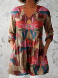 Multicolor V-neck long blouse with floral pattern and 3/4 sleeves