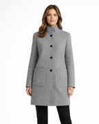 Women's gray structured coat with stand collar, 6-button front and side flap pockets