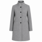 Grey women’s structured coat with stand collar, button front, and patch pockets
