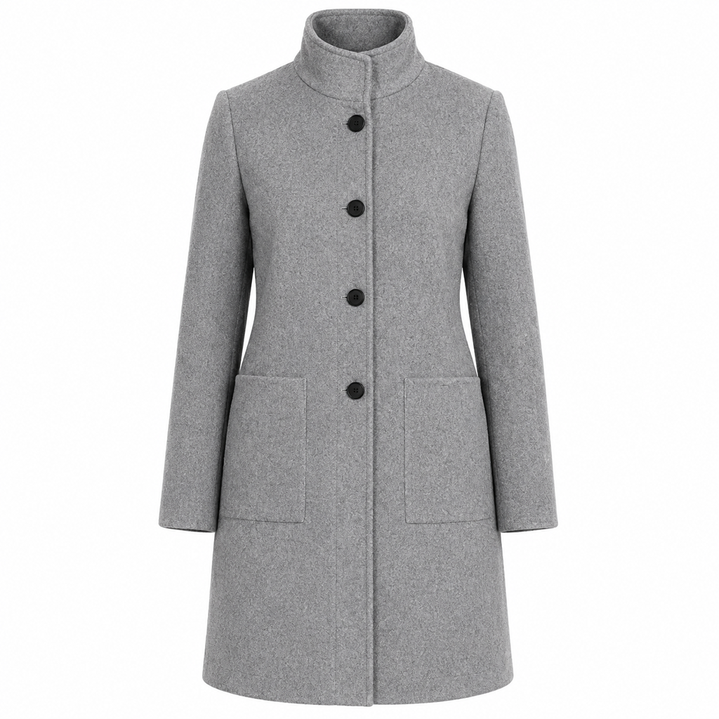 Grey women’s structured coat with stand collar, button front, and patch pockets