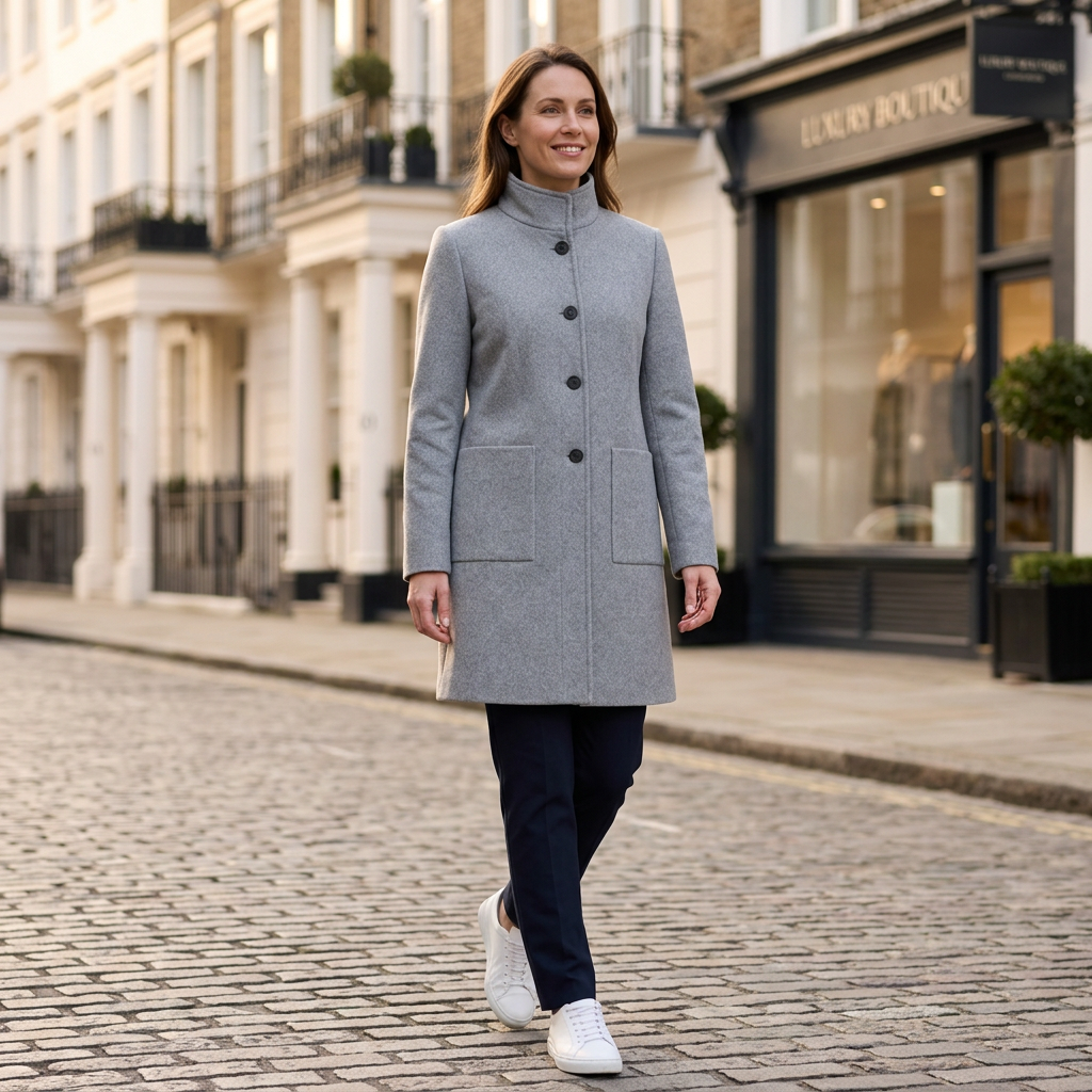 Grey women’s straight-fit coat with stand collar and button front, patch pockets