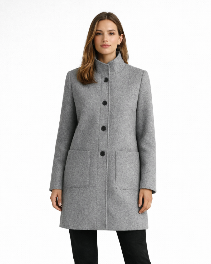 Women's gray structured coat with stand collar, button front and flap pockets