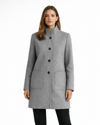 Women's gray structured coat with stand collar, button front and flap pockets