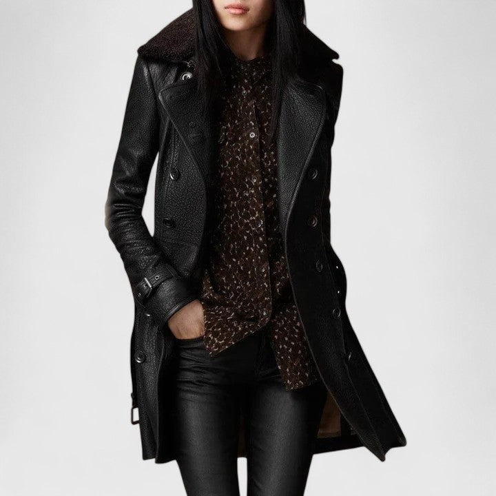 Black leather long coat with notch lapels and double-breasted button front