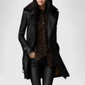 Black leather long coat with notch lapels and double-breasted button front