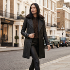 Black synthetic leather tailored coat, double-breasted with long structured silhouette