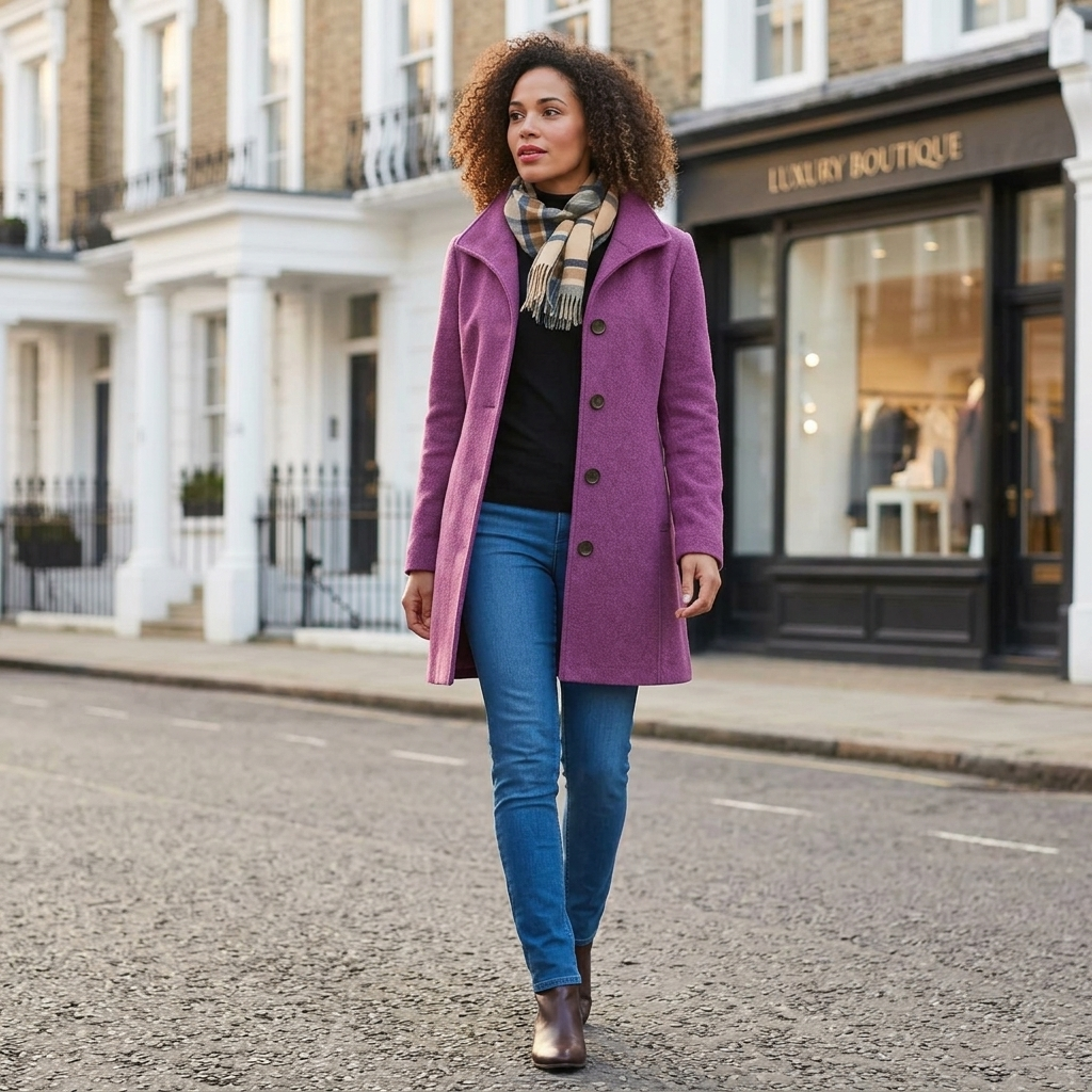 Women’s purple lightweight coat with front buttons, notched lapels, long sleeves, side pockets