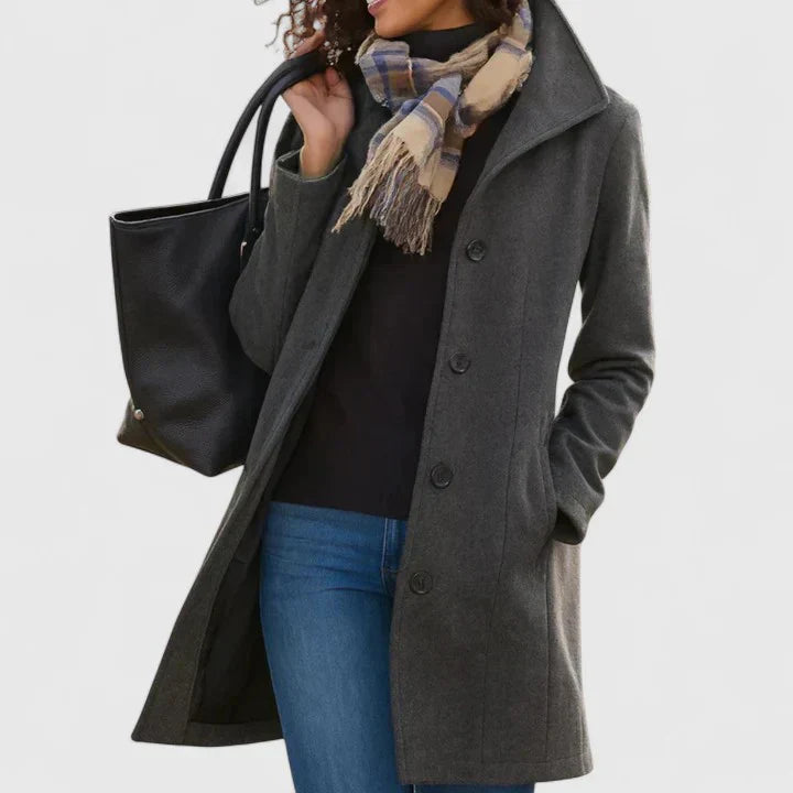 Gray long coat with button front, notched lapels, and side pockets