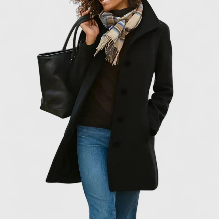 Black long coat with button front, notched lapels, and side pockets