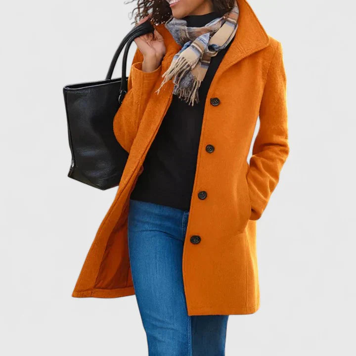 Orange long coat with button front, notched lapels, and side pockets