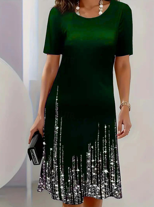 Women's gradient hem midi dress, dark green with silver sequin fringe at hem, short sleeves