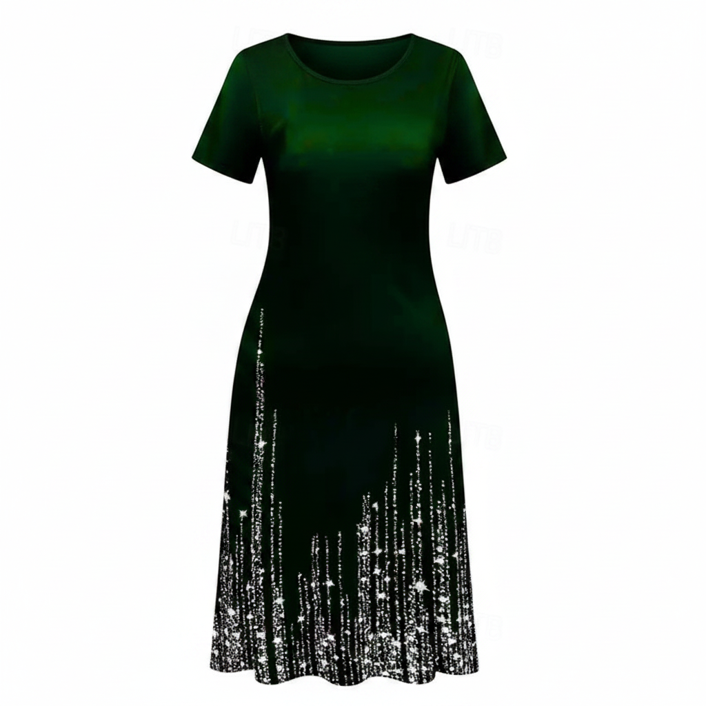 Women's gradient hem midi dress in dark green with silver sequin hem, short sleeves