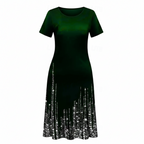 Women's gradient hem midi dress in dark green with silver sequin hem, short sleeves