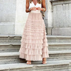 Women's tulle maxi skirt, tiered ruffle layers in light beige, full-length front