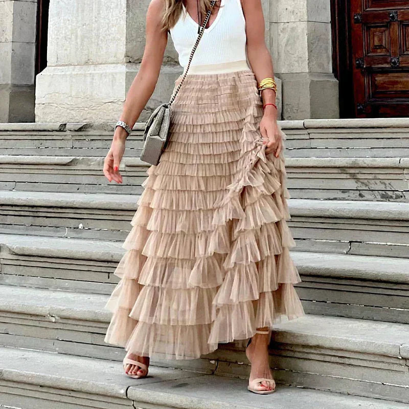 Women's tulle maxi skirt with tiered ruffle layers, light beige, side view