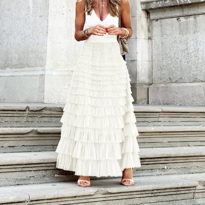 Women's tulle maxi skirt with tiered ruffle layers, white, full-length front