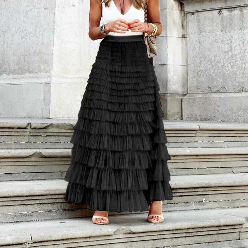 Women's tulle maxi skirt with tiered ruffle layers, black, full-length front
