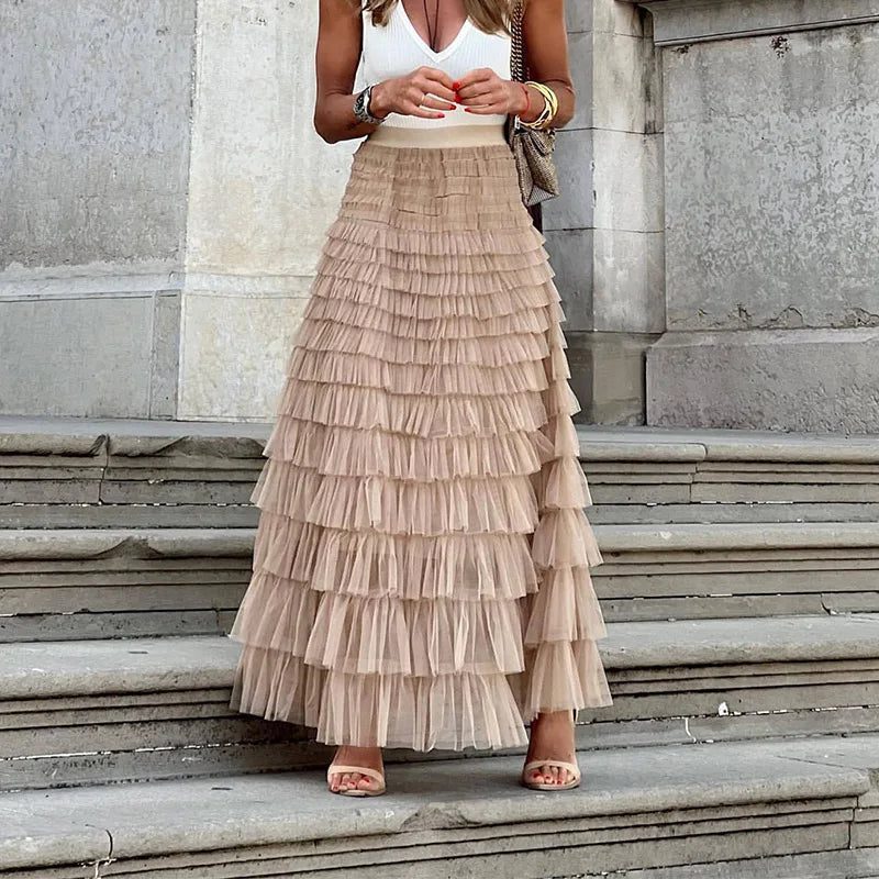 Women's tulle maxi skirt with tiered ruffle layers, light beige