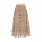 Women's tulle maxi skirt, layered ruffle tiers, elastic high waist, earth-brown