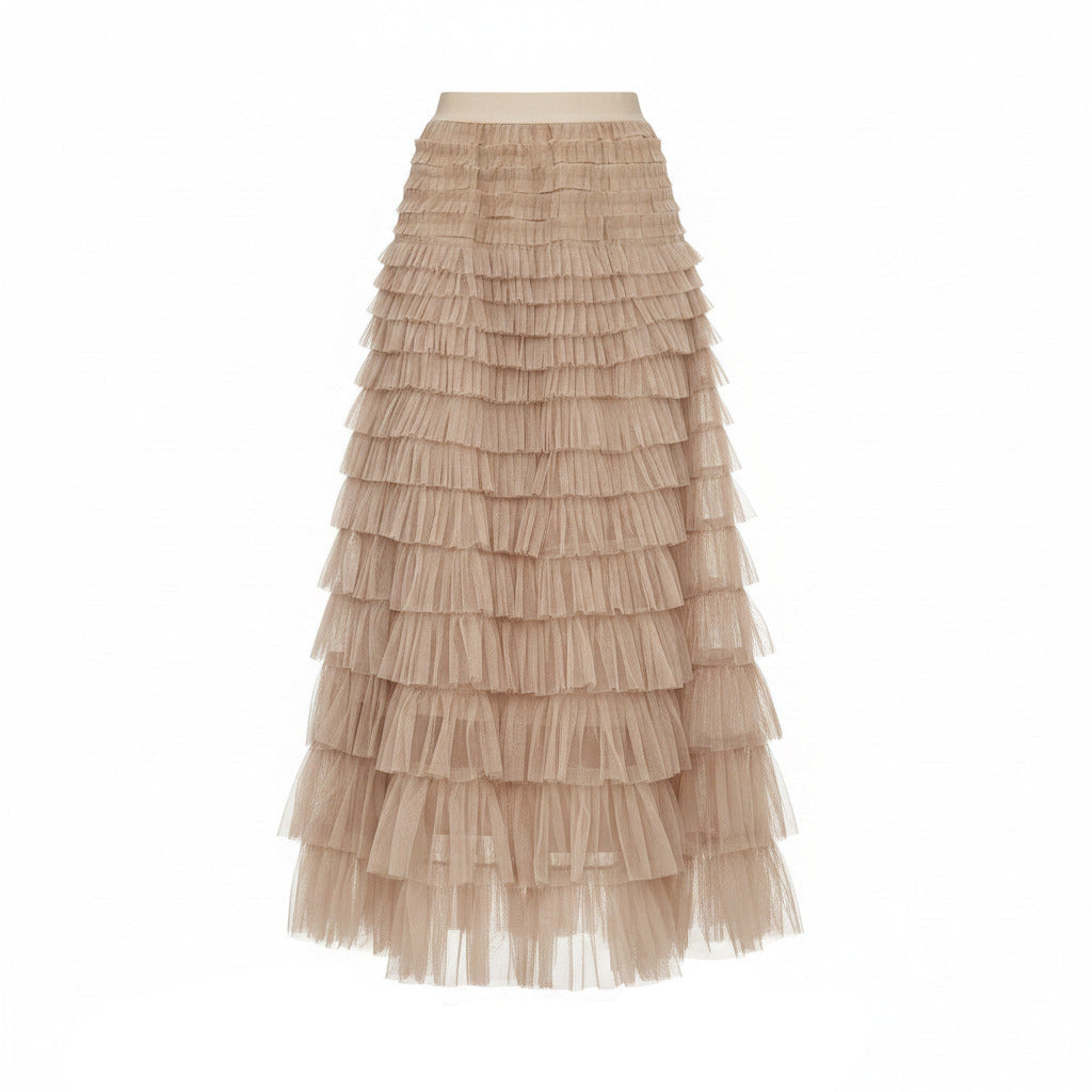 Women's tulle maxi skirt, layered ruffle tiers, elastic high waist, earth-brown