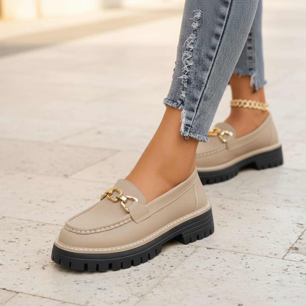Beige slip-on loafers with gold chain detail, buckle strap, and rugged chunky outsole