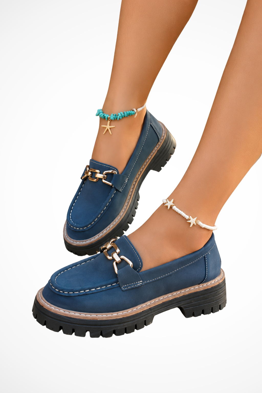 Blue chunky-sole slip-on loafers with gold chain strap and star charm detail