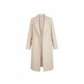 Women’s formal button-front coat, light beige with long sleeves and side pockets.