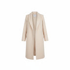 Women’s formal button-front coat, light beige with long sleeves and side pockets.