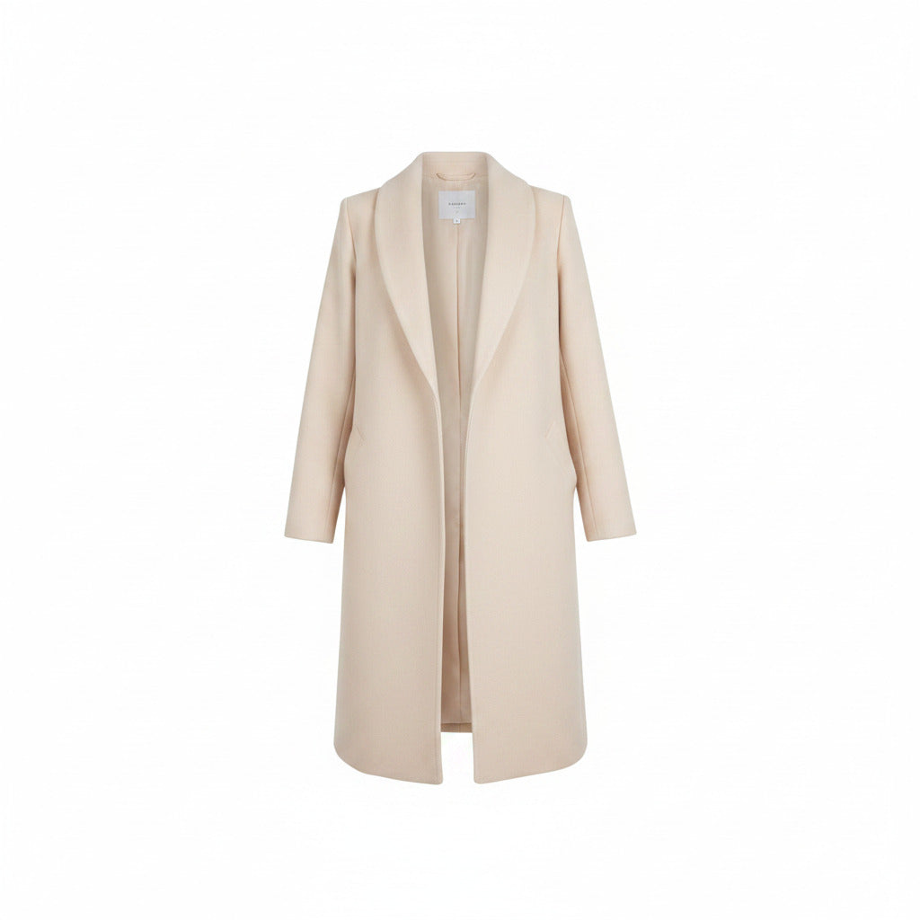 Women’s formal button-front coat, light beige with long sleeves and side pockets.