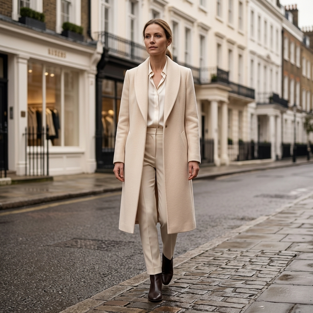 Beige women's formal button-front coat with notch lapels