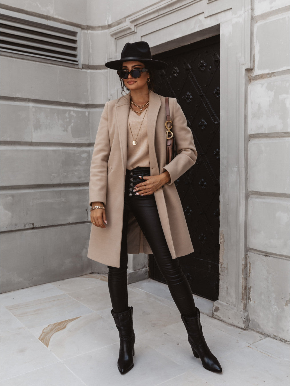 Women’s formal button-front coat, beige long coat with lapels and front button closure.