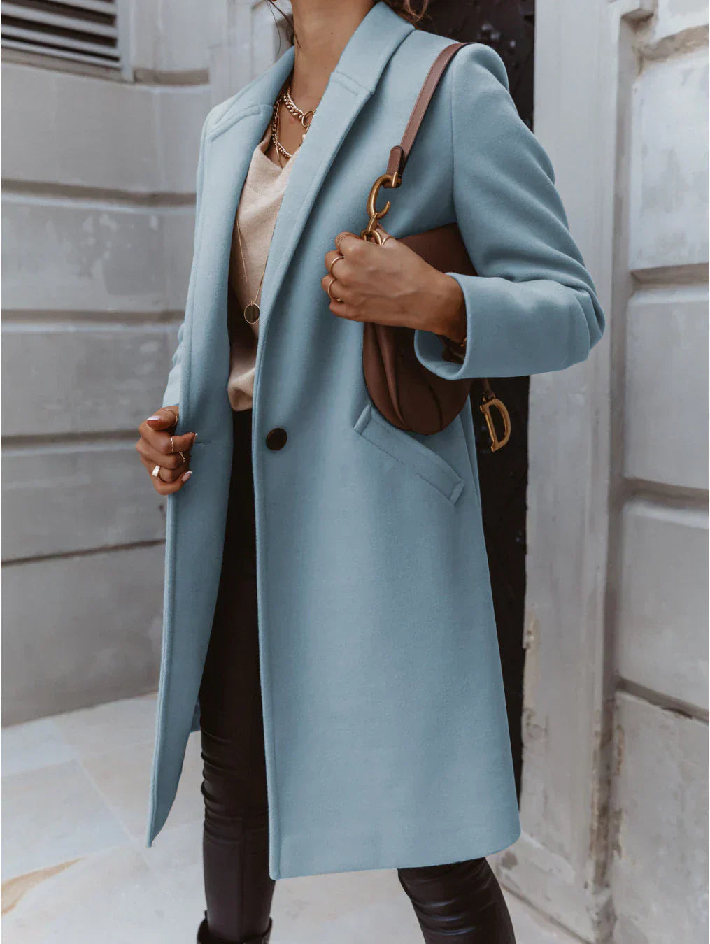 Women’s formal button-front coat, sky blue long coat with lapels and front button closure.
