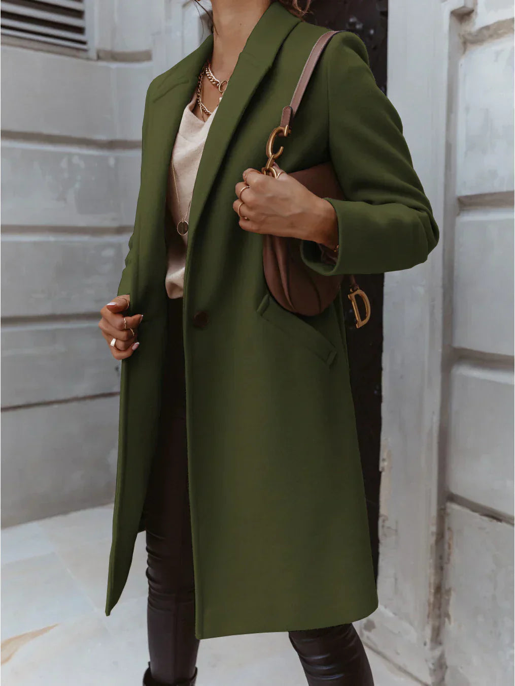 Women’s formal button-front coat, olive green long coat with lapels and side pockets.