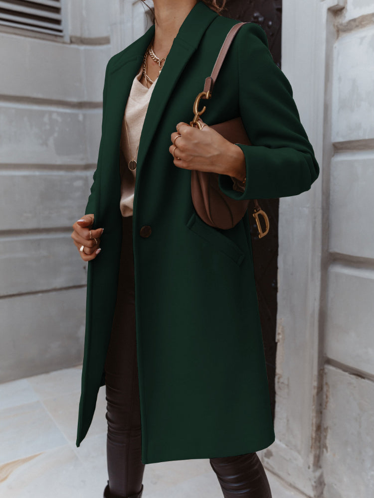 Women’s formal button-front coat, dark green long coat with lapels and front buttons.