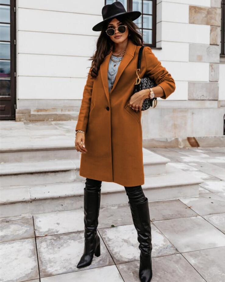 Women’s formal button-front coat, warm brown long coat with lapels and front button closure.