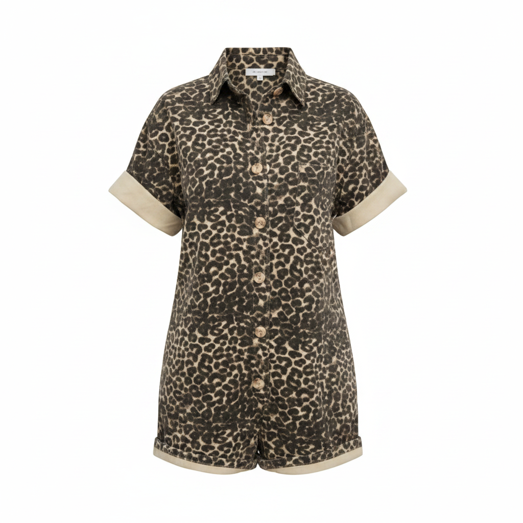 Brown leopard print romper with button-front, collared short sleeves, rolled cuffs