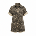 Brown leopard print romper with button-front, collared short sleeves, rolled cuffs
